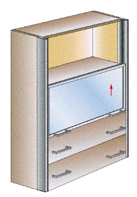 Der Vertikal-Schiebetürbeschlag Gamma von Häfele ist für das vertikale Schieben von einflügeligen Türen vorgesehen.